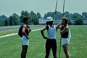 Conversation Prints: Vintage Photograph. Young athletes prepare for javelin training on a sunny day