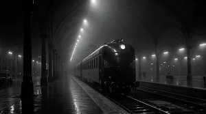 Luminous Prints: Vintage train at a foggy station at night under illuminated arches
