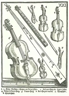 Illustration Technique Prints: Violins and related instruments by Michael Praetorius from Syntagma Musicum