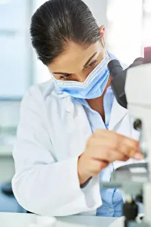 Analysis Prints: Virus, woman and scientist with mask for microscope