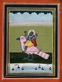 Gouache Prints: Vishnu on his transport, Garuda. Gouache drawing