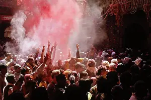 Holi Prints: Visitors at Bihari Temple during Holi festival, Vrindaban, Uttar Pradesh, India, Asia