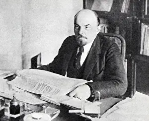 1918 Prints: Vladimir Lenin at his desk in his office in the Kremlin. 1918, Moscow. Otsup P. A