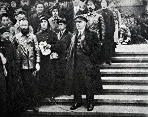Soviet Prints: Vladimir Lenin with Krupskaya, near the Kremlin wall on Red Square during the May Day demonstration of workers