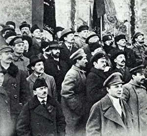 1918 Prints: Vladimir Lenin Sverdlov on Red Square near the Kremlin wall during a workers demonstration dedicated to the first