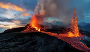 Molten Prints: Volcanic eruption with clouds of volcanic ash and lava flowing over the landscape