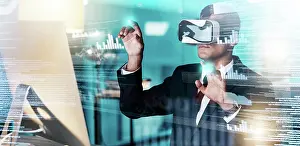 Analytics Prints: VR, businessman and web developer in cyber metaverse