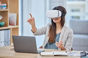 Reality Prints: Vr, virtual reality and business woman in metaverse with digital technology in office