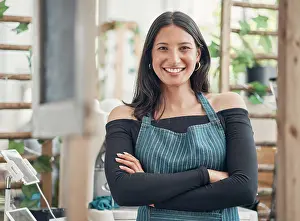 Cafe Prints: Waitress, woman and portrait with arms crossed at cafe for hospitality