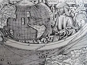 Southamerica Prints: Waldseemuller Map of 1507: South America including a portrait of the explorer; Amerigo Vespucci
