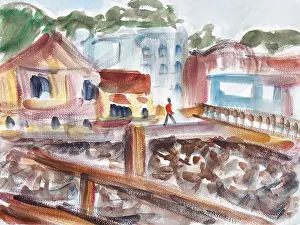 Communication Prints: Walking Along an Embankment, 2015, Richard H. Fox (b.1960/American), Watercolor on Paper