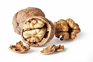 Dried Prints: walnut and a cracked walnut isolated on the white background