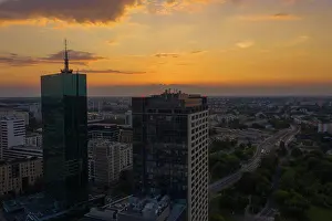 Main Road Prints: Warsaw, Poland capital city drone aerial view in summer sunset