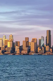 Puget Sound Prints: Washington State, Seattle. Skyline at Sunset