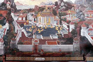 Wat Phra Kaew temple. Scene from the Ramakien (Thai Ramayana) in a mural. Painting. Bangkok. Thailand
