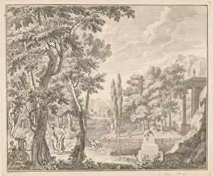 Diana Prints: By a water with remnants of Roman ruins on the shore stands a statue of the goddess Diana