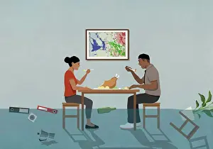 Husband Prints: Water rising over oblivious couple eating turkey dinner at table
