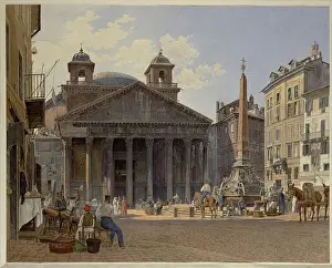 Della Prints: Watercolor by Jakob Alt depicting the Pantheon and Piazza Della Rotonda in Rome on a peep box leaf