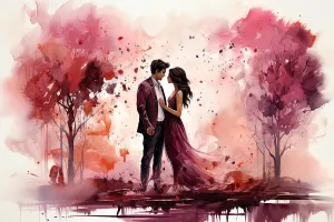 Attractive Prints: Watercolor Love couple. Valentines Day pink background. Ai generative art