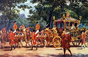 George Prints: Watercolour painting depicting King George V and Queen Mary in their Coronation coach
