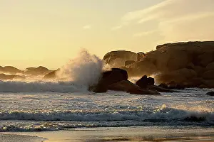 Evening Atmosphere Prints: Waves on the beach of Camps Bay, Cape Town, Western Cape, South Africa, Africa