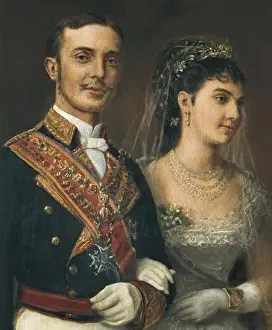Spaniard Prints: Wedding portrait of Alfonso XII and MarÕa de las Mercedes in 1878. Detail. Oil on canvas