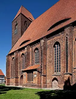 Architectural Styles Prints: Werben Altmark Stadtkirche St Johannis 87715 Partial view from south-east with brick lattice friezes on buttresses