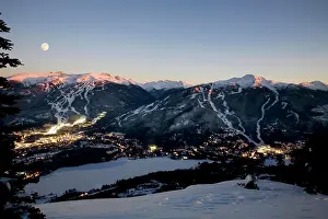Columbian Prints: Whistler Village at dawn with Blackcomb Mountain and Whistler Mountain beyond
