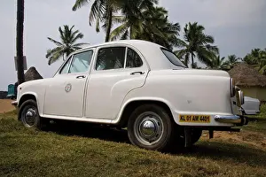 Autos Prints: White Ambassador car, Kovalam, Kerala, India