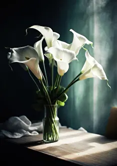 Greeting Prints: White callas lilies in a vase on the table. Generative AI
