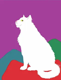 Colored Background Prints: White Cat, Linda Braucht (20th Century/American), Computer Graphics