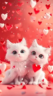 Greeting Prints: Two white cats are sitting on a red background with hearts scattered around them