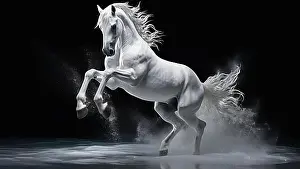 Cards Prints: White horse with long mane running in water on black studio background Ai generated