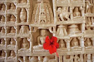 Hindu Prints: White marble religious icon carvings at The Ranakpur Jain Temple at Desuri Tehsil in Pali District of Rajasthan