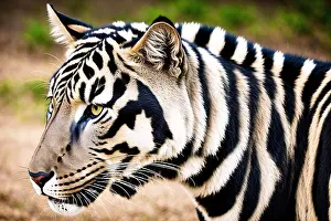 Effort Prints: A white tiger standing in the grass with its head tilted to the side