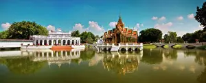 Out Door Prints: Wide angle view of temple and pond