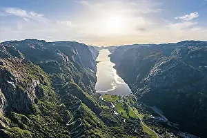 Curve Prints: Winding road Lysevegen and village Lysebotn