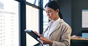 Case Prints: Window, tablet and business with woman