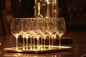 Tasting Prints: Wine tasting glasses standing on a silver tray in a tasting room Ulriksdal Wardshus Restaurant