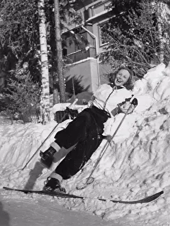 Winter Clothes Prints: Winter in the 1940s. The young woman actress Inga Tidblad is dressed in the typical 1940s winter sports fashion