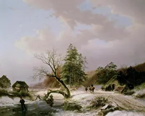 Frozen Prints: A Winter Landscape With A Skater & Faggot Gatherers On A Frozen River Barend Cornelis Koekkoek (1803-1862 Dutch)