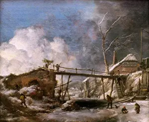 Builts Tructure Prints: Winter landscape with wooden pier; 1660 Philips Wouwerman; Dutch (1619 Haarlem -1668 Haarlem)