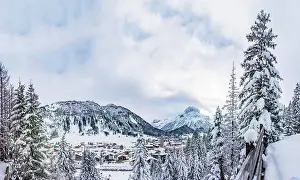 Panorama Prints: winter in Lech, church Lech, mountain Rüfikopf left