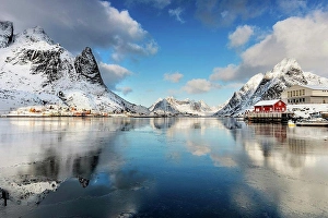 Winter sun on Reinefjord on the Lofoten islands