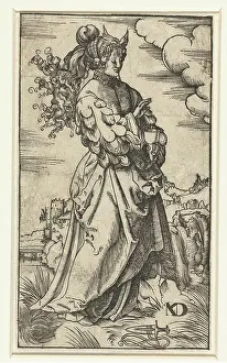 Wise virgin with burning oil lamp in landscape; Five ways and five foolish virgins
