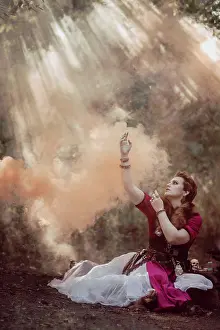 26 29 Years Old Prints: Witch with short hair in dress against the background of wild nature