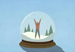 Snowing Prints: Woman with arms raised inside snow globe