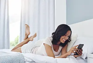 Texting Prints: Woman, bedroom and smile with smartphone in house