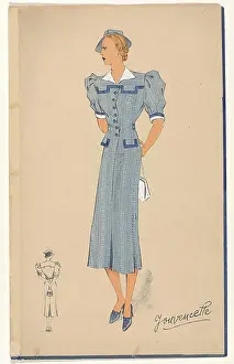 Woman in a blue dress with white collar