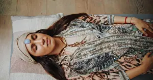 Mind Prints: Woman, crystal and healing with chakra on floor